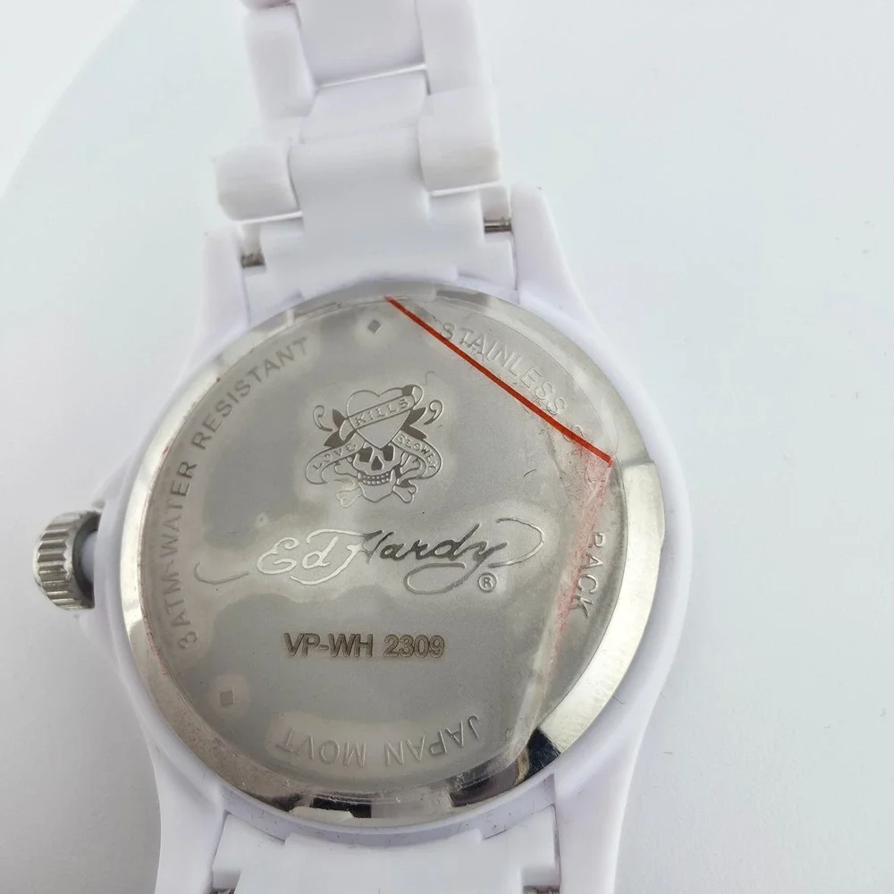 New! ED HARDY VIP Men's Watch Skull Tattoo Unidirectional Bezel White Band 8.75